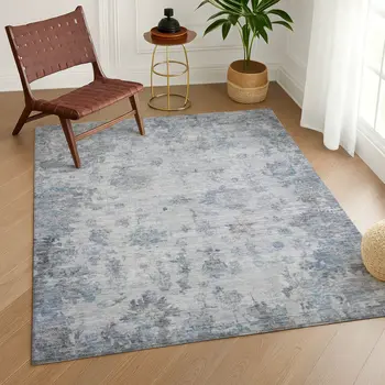 3' X 5' Blue And Gray Floral Washable Indoor Outdoor Area Rug