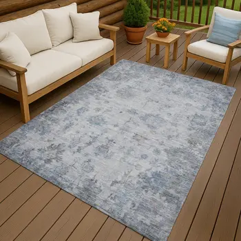3' X 5' Blue And Gray Floral Washable Indoor Outdoor Area Rug