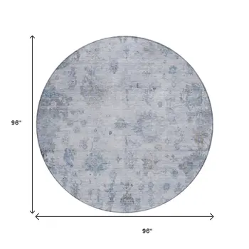 8' Blue And Gray Round Floral Washable Indoor Outdoor Area Rug