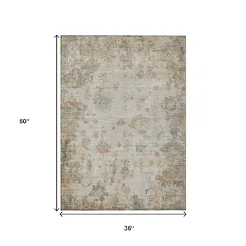 3' X 5' Ivory Beige And Blue Floral Washable Indoor Outdoor Area Rug