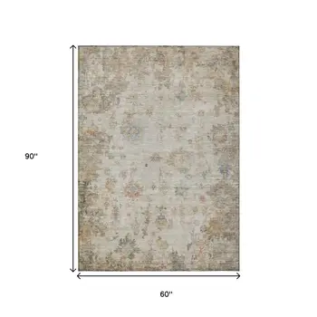 5' X 8' Ivory Beige And Blue Floral Washable Indoor Outdoor Area Rug