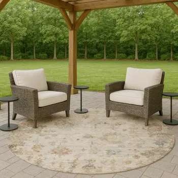 8' Ivory Beige And Blue Round Floral Washable Indoor Outdoor Area Rug