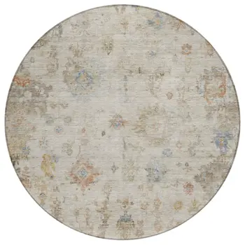 8' Ivory Beige And Blue Round Floral Washable Indoor Outdoor Area Rug