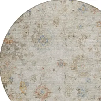 8' Ivory Beige And Blue Round Floral Washable Indoor Outdoor Area Rug