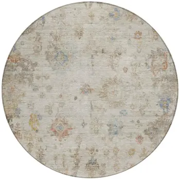 8' Ivory Beige And Blue Round Floral Washable Indoor Outdoor Area Rug