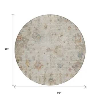 8' Ivory Beige And Blue Round Floral Washable Indoor Outdoor Area Rug