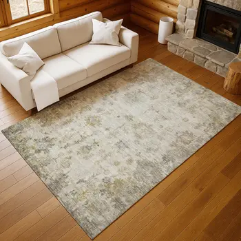 3' X 5' Taupe And Blue Floral Washable Indoor Outdoor Area Rug