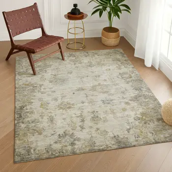 3' X 5' Taupe And Blue Floral Washable Indoor Outdoor Area Rug