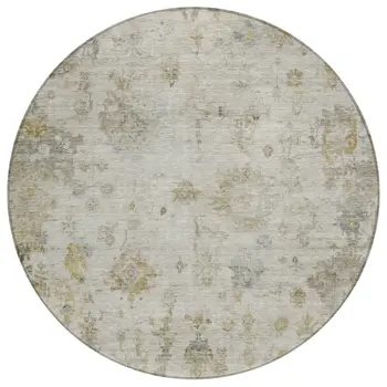 8' Taupe And Blue Round Floral Washable Indoor Outdoor Area Rug