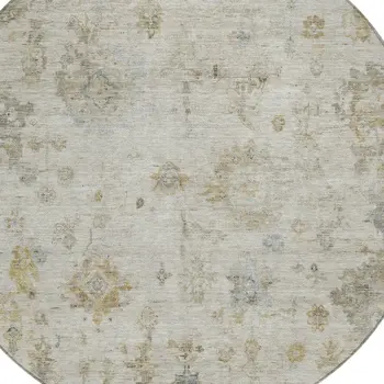 8' Taupe And Blue Round Floral Washable Indoor Outdoor Area Rug