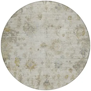 8' Taupe And Blue Round Floral Washable Indoor Outdoor Area Rug