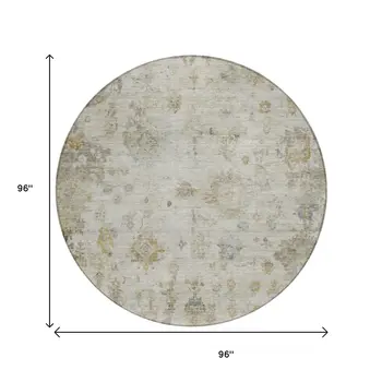 8' Taupe And Blue Round Floral Washable Indoor Outdoor Area Rug