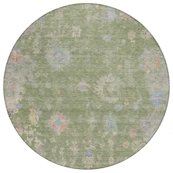 8' Artichoke Green And Gray Round Floral Washable Indoor Outdoor Area Rug