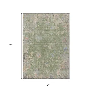 8' X 10' Artichoke Green And Gray Floral Washable Indoor Outdoor Area Rug