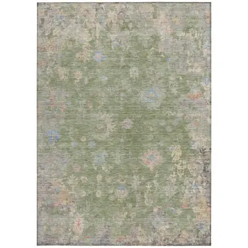 9' X 12' Artichoke Green And Gray Floral Washable Indoor Outdoor Area Rug