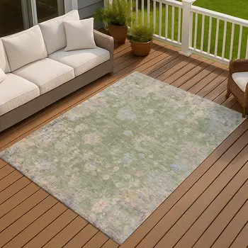 10' X 14' Artichoke Green And Gray Floral Washable Indoor Outdoor Area Rug