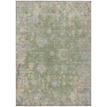 10' X 14' Artichoke Green And Gray Floral Washable Indoor Outdoor Area Rug