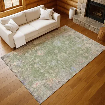 10' X 14' Artichoke Green And Gray Floral Washable Indoor Outdoor Area Rug