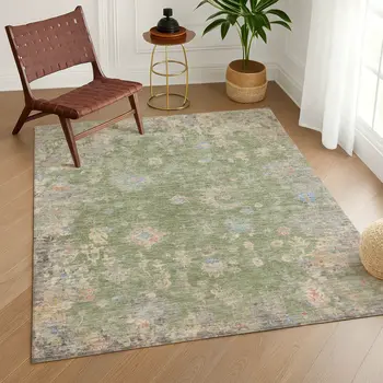 10' X 14' Artichoke Green And Gray Floral Washable Indoor Outdoor Area Rug