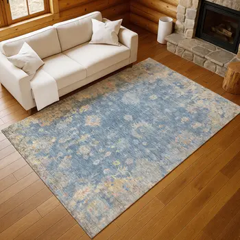 3' X 5' Blue And Gold Floral Washable Indoor Outdoor Area Rug