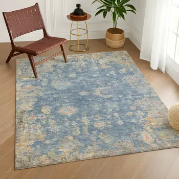 5' X 8' Blue And Gold Floral Washable Indoor Outdoor Area Rug