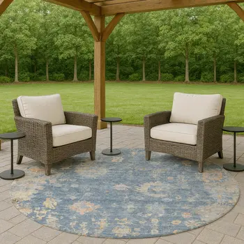 8' Blue And Gold Round Floral Washable Indoor Outdoor Area Rug