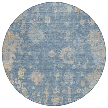 8' Blue And Gold Round Floral Washable Indoor Outdoor Area Rug