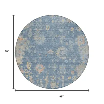 8' Blue And Gold Round Floral Washable Indoor Outdoor Area Rug
