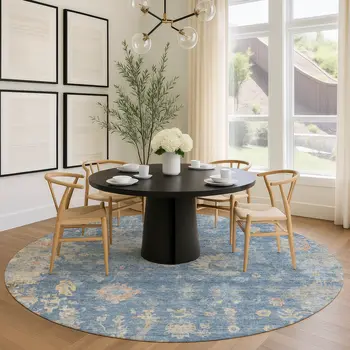 8' Blue And Gold Round Floral Washable Indoor Outdoor Area Rug