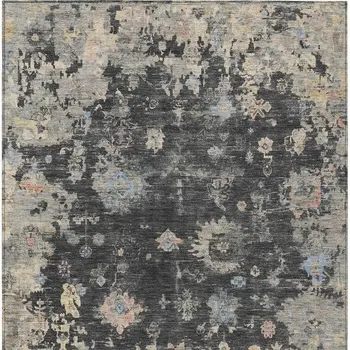 5' X 8' Charcoal And Beige Floral Washable Indoor Outdoor Area Rug