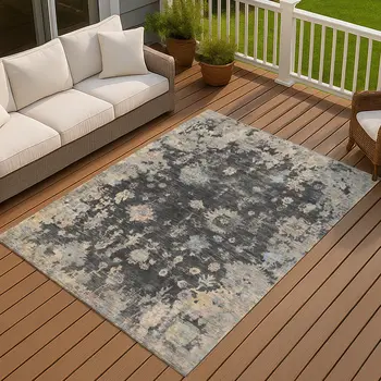 5' X 8' Charcoal And Beige Floral Washable Indoor Outdoor Area Rug