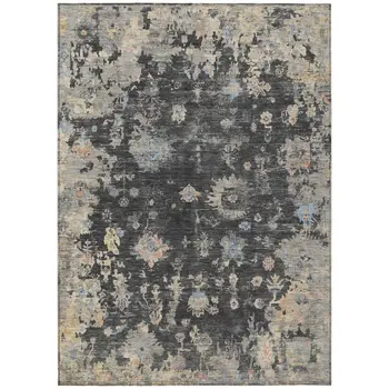 5' X 8' Charcoal And Beige Floral Washable Indoor Outdoor Area Rug
