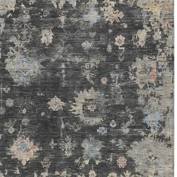 5' X 8' Charcoal And Beige Floral Washable Indoor Outdoor Area Rug