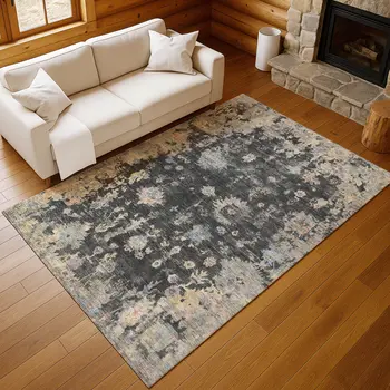 5' X 8' Charcoal And Beige Floral Washable Indoor Outdoor Area Rug