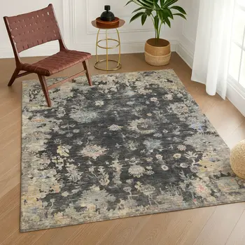 5' X 8' Charcoal And Beige Floral Washable Indoor Outdoor Area Rug