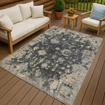 5' X 8' Charcoal And Beige Floral Washable Indoor Outdoor Area Rug