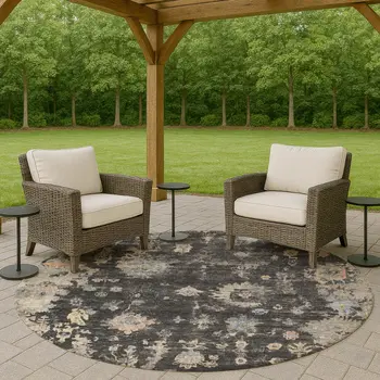 8' Charcoal And Beige Round Floral Washable Indoor Outdoor Area Rug