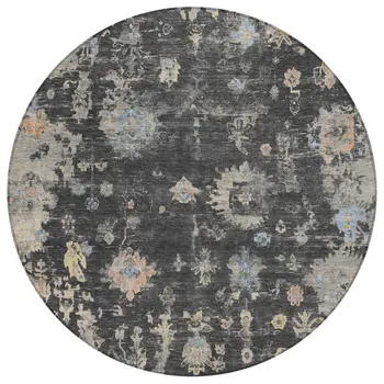 8' Charcoal And Beige Round Floral Washable Indoor Outdoor Area Rug