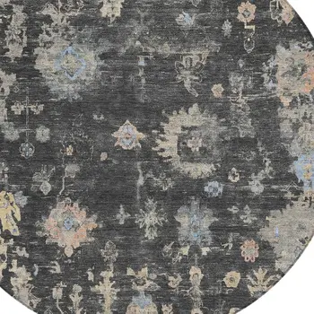 8' Charcoal And Beige Round Floral Washable Indoor Outdoor Area Rug
