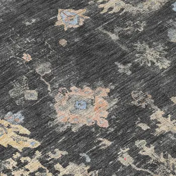 8' Charcoal And Beige Round Floral Washable Indoor Outdoor Area Rug