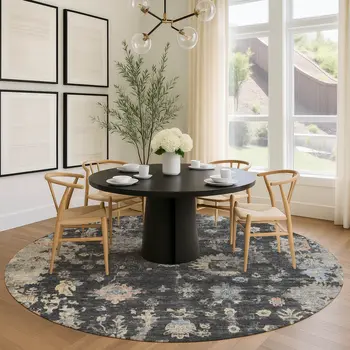 8' Charcoal And Beige Round Floral Washable Indoor Outdoor Area Rug