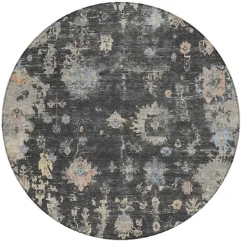 8' Charcoal And Beige Round Floral Washable Indoor Outdoor Area Rug