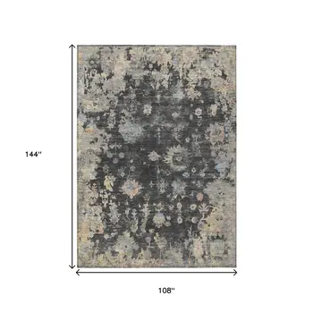 9' X 12' Charcoal And Beige Floral Washable Indoor Outdoor Area Rug