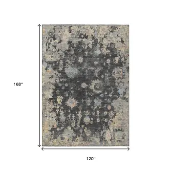 10' X 14' Charcoal And Beige Floral Washable Indoor Outdoor Area Rug