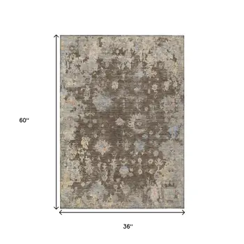 3' X 5' Chocolate And Beige Floral Washable Indoor Outdoor Area Rug