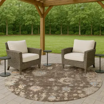 8' Chocolate And Beige Round Floral Washable Indoor Outdoor Area Rug