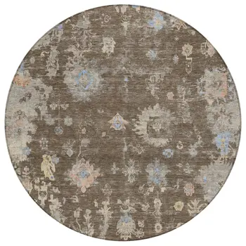 8' Chocolate And Beige Round Floral Washable Indoor Outdoor Area Rug