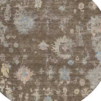 8' Chocolate And Beige Round Floral Washable Indoor Outdoor Area Rug