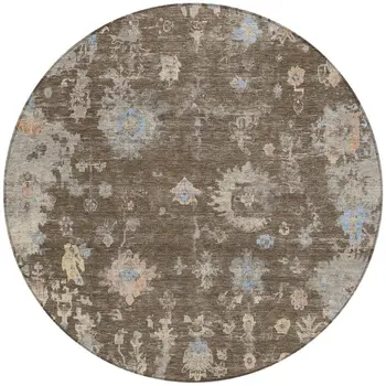 8' Chocolate And Beige Round Floral Washable Indoor Outdoor Area Rug