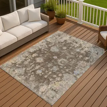 9' X 12' Chocolate And Beige Floral Washable Indoor Outdoor Area Rug